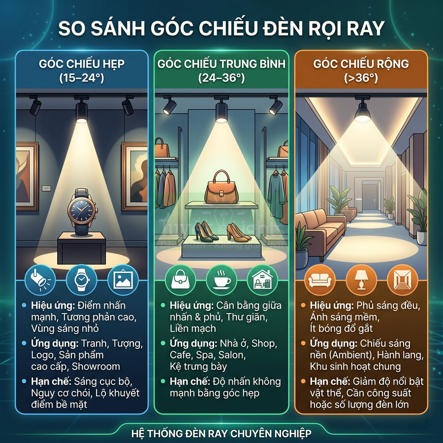 So sánh các góc chiếu đèn rọi ray hẹp trung bình rộng và ứng dụng chiếu sáng cho sản phẩm trưng bày