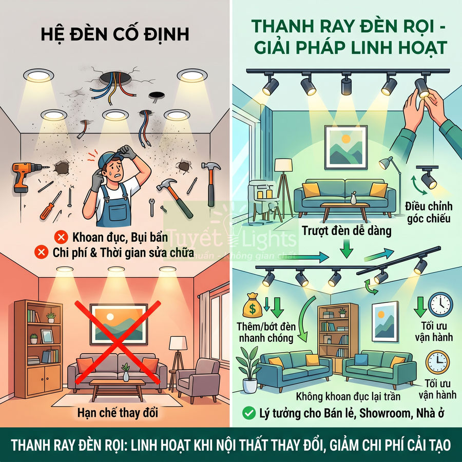 Thanh ray đèn rọi linh hoạt cho phòng khách, dễ điều chỉnh góc chiếu và thêm bớt đèn, tối ưu chiếu sáng nội thất