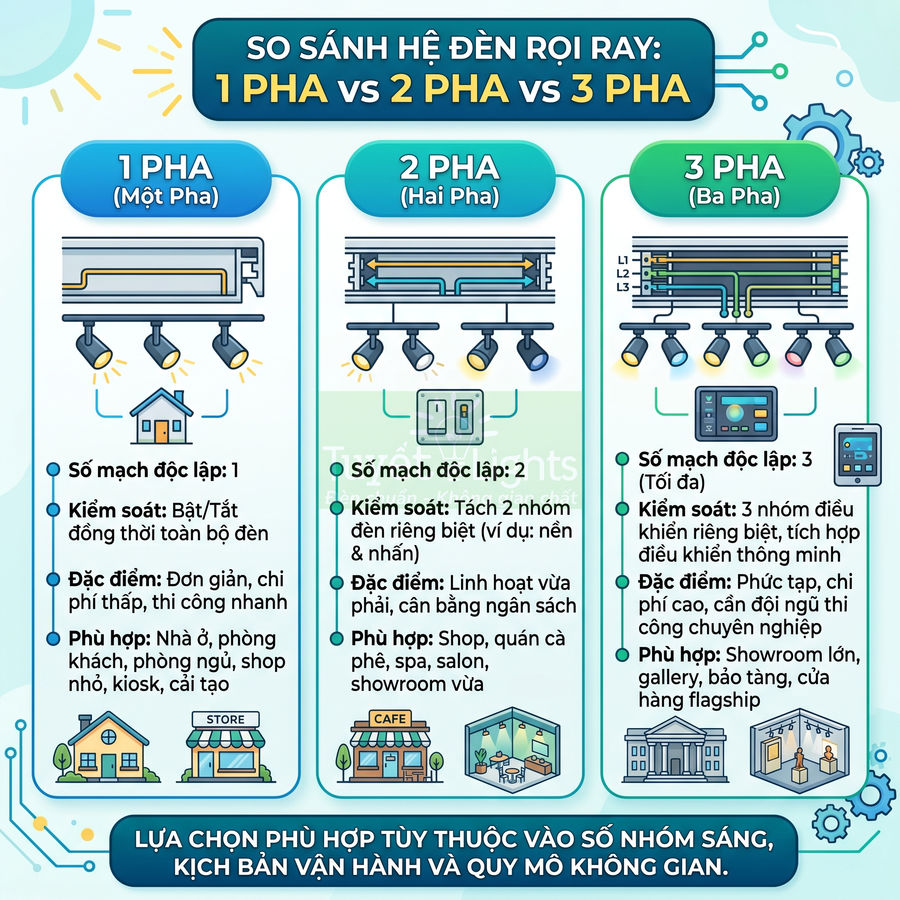 So sánh đèn rọi ray 1 pha, 2 pha, 3 pha: Loại nào phù hợp?