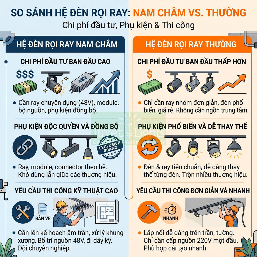 So sánh hệ đèn rọi ray nam châm và đèn rọi ray thường về chi phí, phụ kiện và thi công