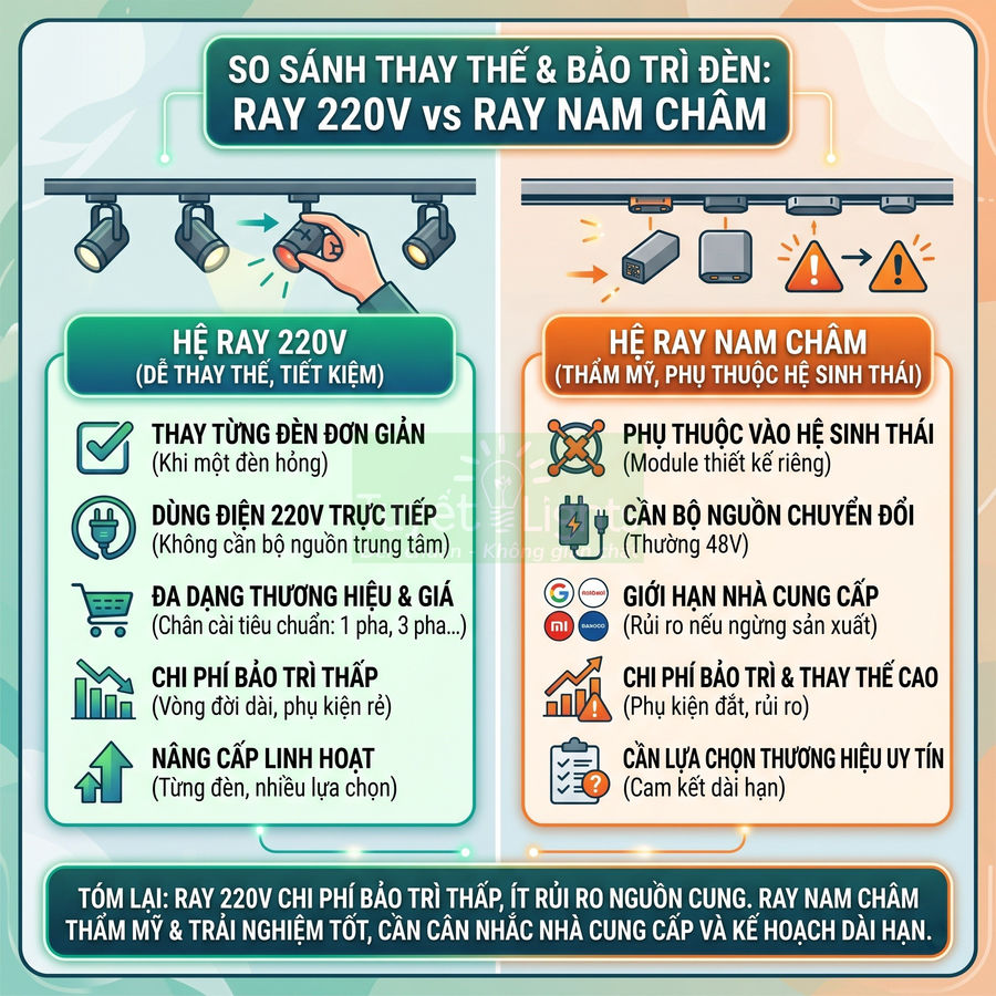 Infographic so sánh ưu nhược điểm hệ ray đèn 220V và ray nam châm cho chiếu sáng nội thất