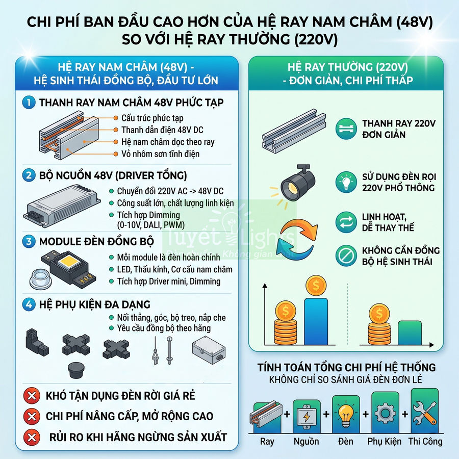 So sánh chi phí hệ ray nam châm 48V và hệ ray đèn rọi 220V thường, minh họa cấu tạo và phụ kiện từng hệ