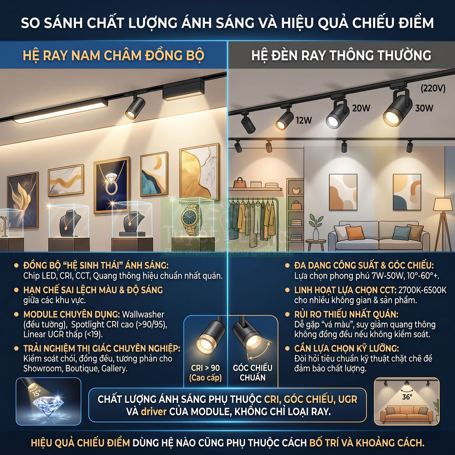 So sánh hệ ray nam châm đồng bộ và đèn ray thông thường trong chiếu điểm nội thất showroom và phòng khách