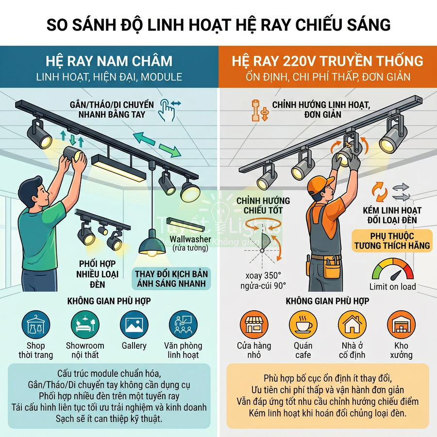 So sánh hệ ray nam châm và hệ ray 220V truyền thống cho đèn chiếu sáng trần nhà trong nội thất