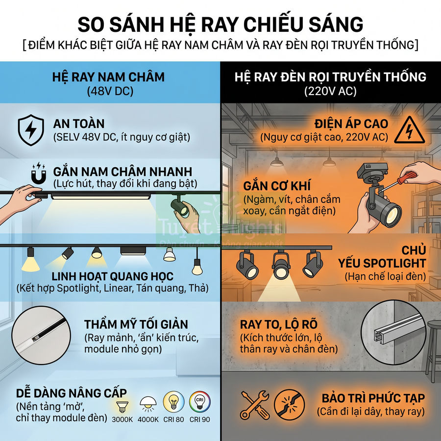 So sánh hệ ray nam châm 48V DC và ray đèn rọi truyền thống 220V AC cho chiếu sáng nội thất