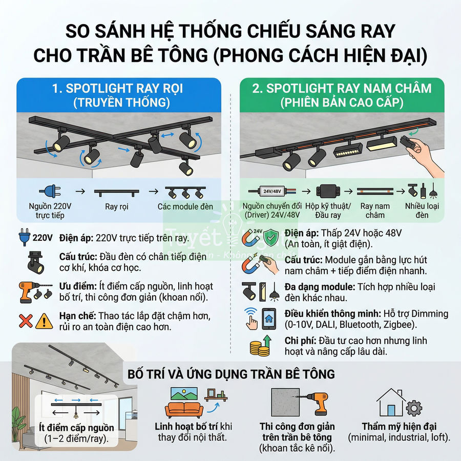 So sánh hệ thống đèn spotlight ray rọi và ray nam châm cho trần bê tông phong cách hiện đại