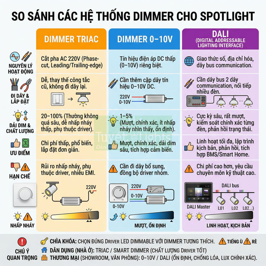 Bảng so sánh các hệ thống dimmer TRIAC, dimmer 0 10V và DALI cho đèn spotlight LED