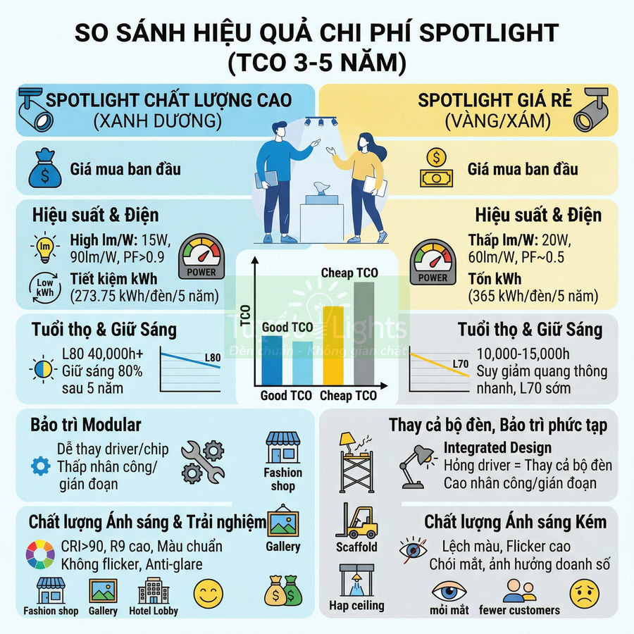 Infographic so sánh chi phí và hiệu quả spotlight chất lượng cao và spotlight giá rẻ trong 3 đến 5 năm