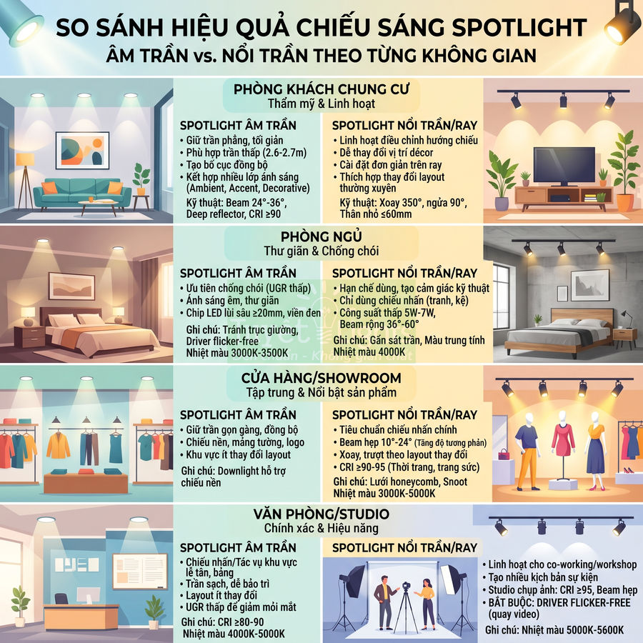 So sánh hiệu quả chiếu sáng spotlight âm trần và nổi trần cho phòng khách, phòng ngủ, cửa hàng, văn phòng