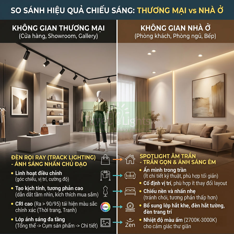 So sánh đèn rọi ray cho cửa hàng thời trang và đèn spotlight âm trần cho phòng khách hiện đại