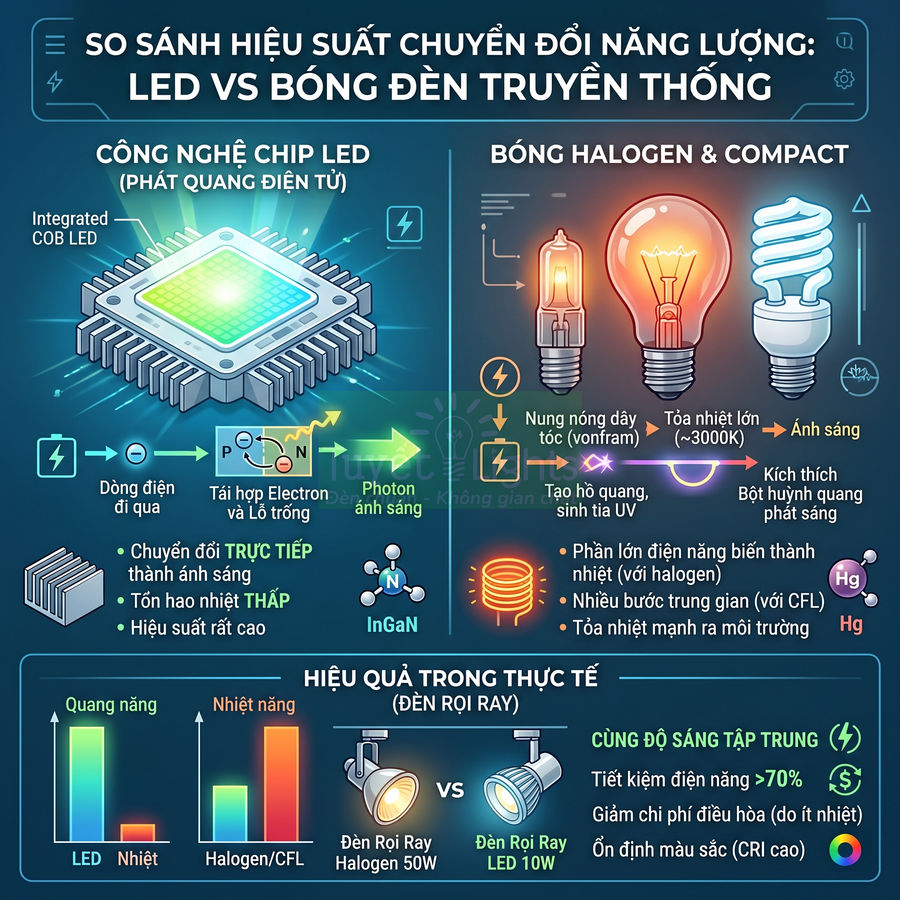 Infographic so sánh hiệu suất năng lượng đèn LED với bóng đèn halogen và compact trong chiếu sáng