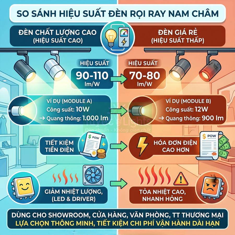 So sánh hiệu suất đèn rọi ray nam châm chất lượng cao và đèn giá rẻ về công suất, quang thông, tiết kiệm điện