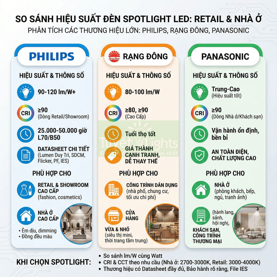 So sánh hiệu suất đèn spotlight LED Philips, Rạng Đông, Panasonic cho retail và nhà ở