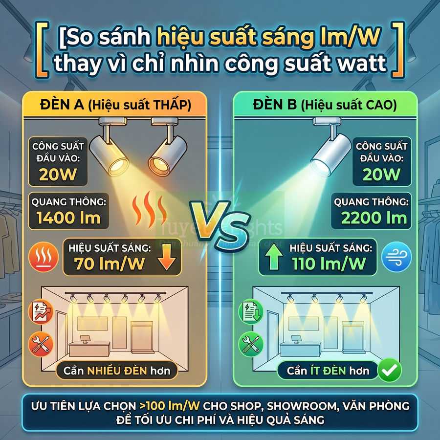 So sánh đèn LED hiệu suất thấp và cao cùng công suất 20W cho shop, showroom, văn phòng