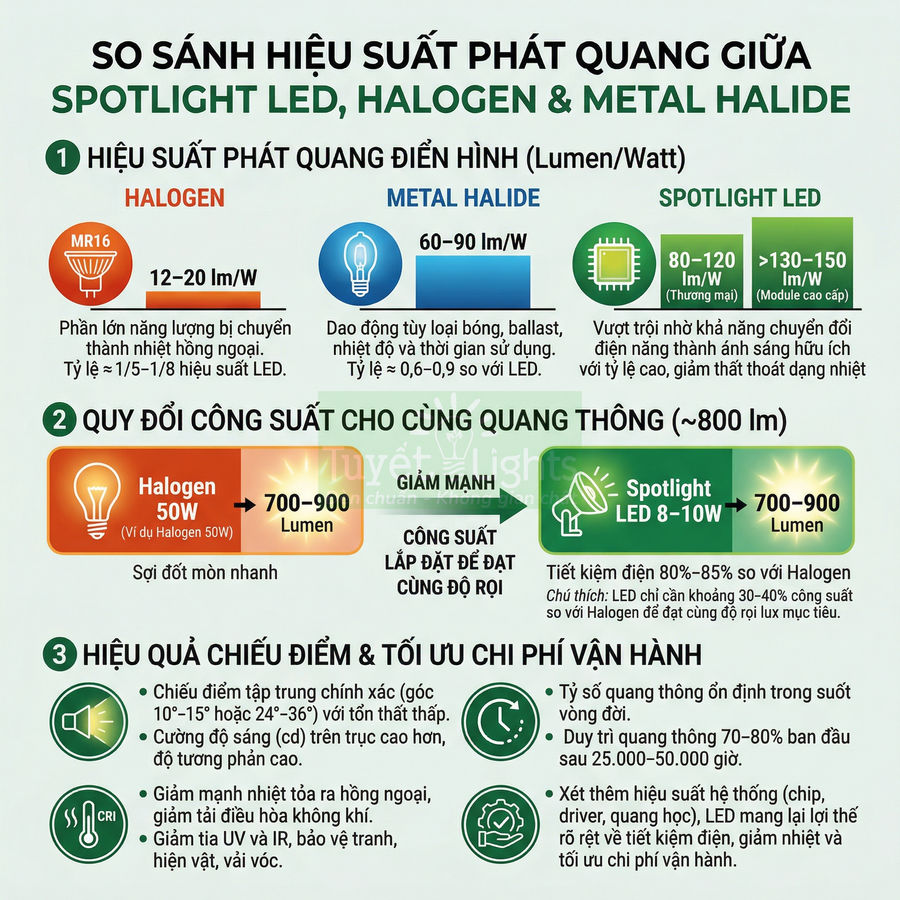 Infographic so sánh hiệu suất chiếu sáng và tiết kiệm điện giữa đèn spotlight LED, halogen và metal halide
