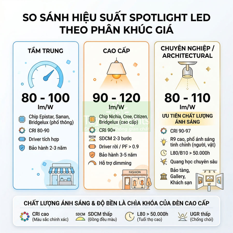 Bảng so sánh hiệu suất và chất lượng đèn spotlight LED tầm trung, cao cấp và chuyên nghiệp theo phân khúc giá