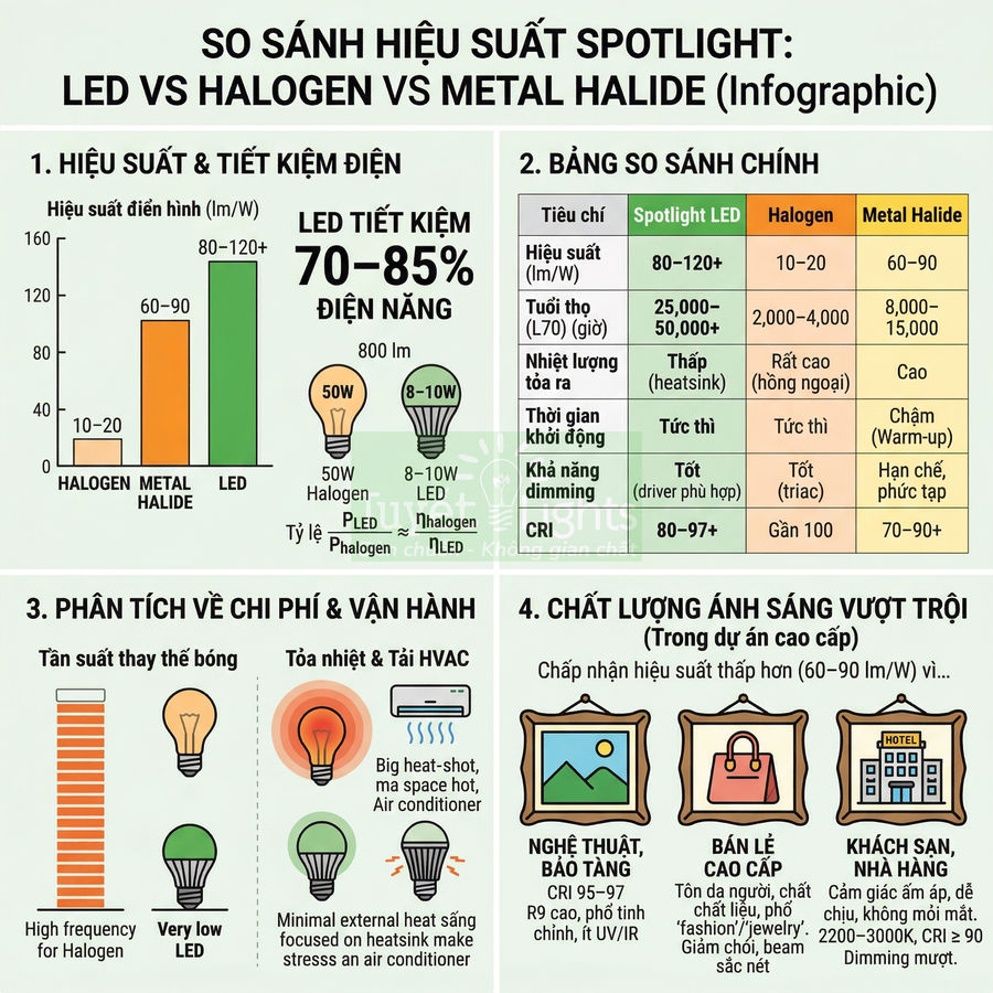 Infographic so sánh hiệu suất và chi phí đèn spotlight LED, halogen và metal halide