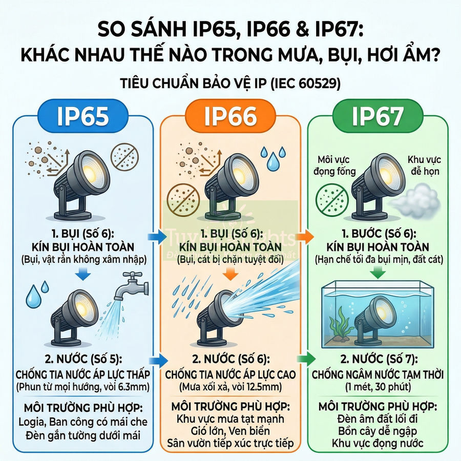Đèn pha ngoài trời chuẩn IP65 IP66 IP67 chống bụi và nước cho nhiều môi trường lắp đặt