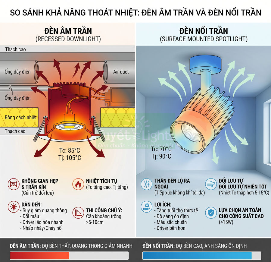 So sánh khả năng tản nhiệt giữa đèn âm trần và đèn nổi trần, minh họa cấu tạo và ưu nhược điểm từng loại