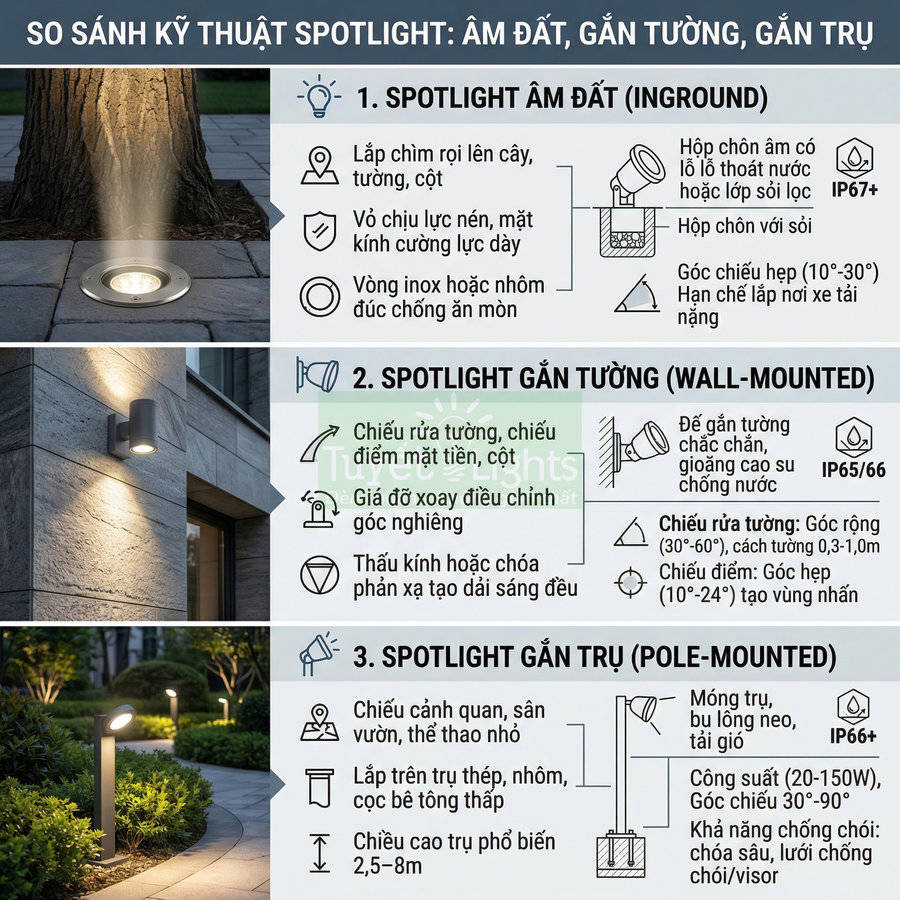So sánh kỹ thuật đèn spotlight âm đất, gắn tường, gắn trụ cho chiếu sáng sân vườn và kiến trúc