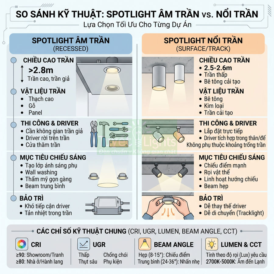 So sánh kỹ thuật đèn spotlight âm trần và spotlight nổi trần cho các loại trần và mục tiêu chiếu sáng khác nhau