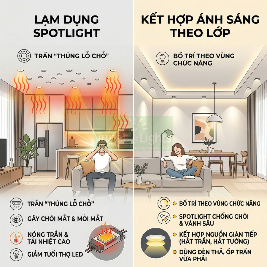So sánh lạm dụng đèn spotlight và bố trí ánh sáng theo lớp trong phòng khách hiện đại