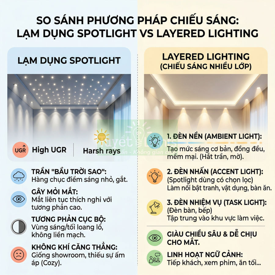 So sánh trần nhà dùng nhiều đèn spotlight với trần chiếu sáng nhiều lớp trong thiết kế nội thất phòng khách