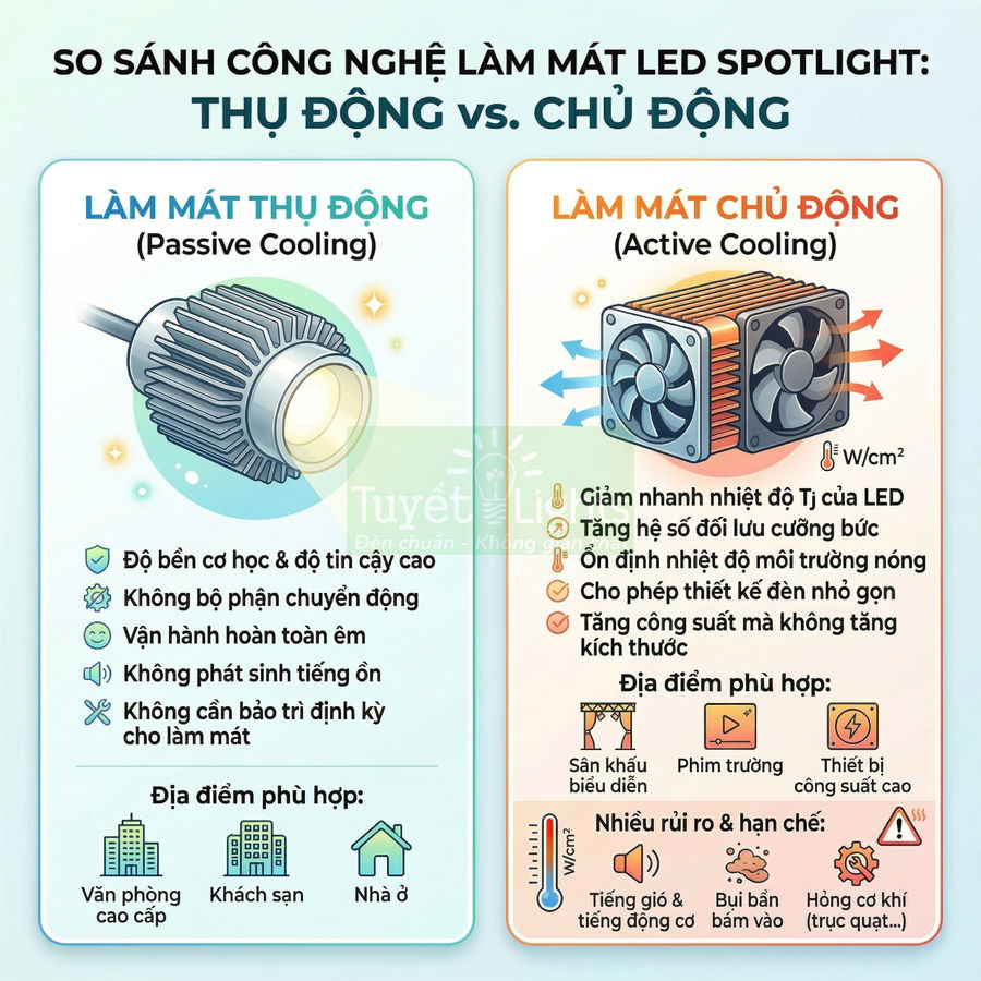 So sánh công nghệ làm mát đèn LED spotlight thụ động và chủ động với ưu nhược điểm và ứng dụng