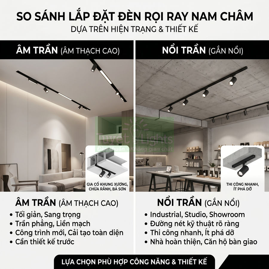 Đèn rọi ray nam châm âm trần hay nổi trần: nên chọn loại nào?