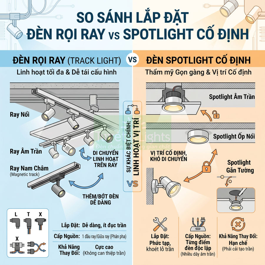 So sánh lắp đặt đèn rọi ray linh hoạt và đèn spotlight cố định cho trần nhà