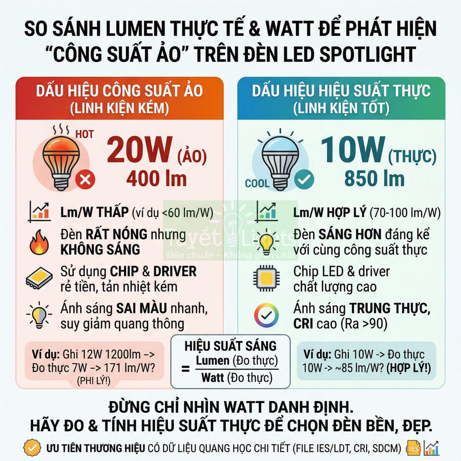 So sánh đèn LED spotlight công suất ảo 20W 400lm và đèn LED hiệu suất thực 10W 850lm