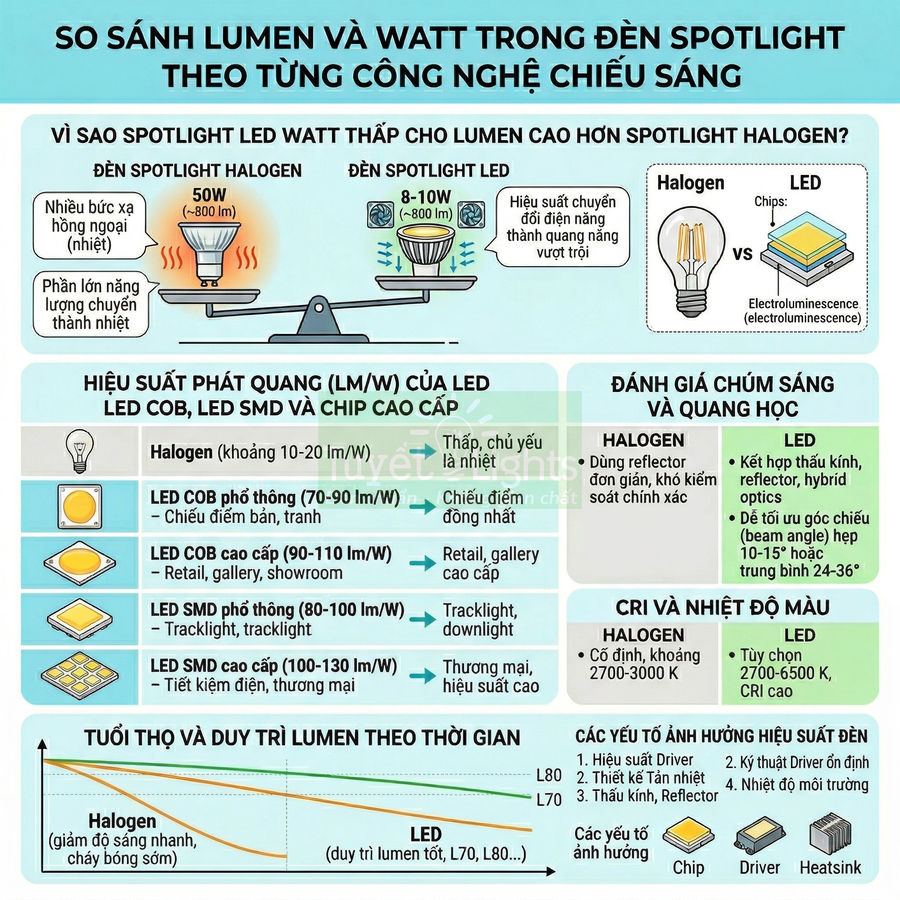 Infographic so sánh đèn spotlight LED và halogen về lumen, watt, hiệu suất, tuổi thọ và chất lượng ánh sáng