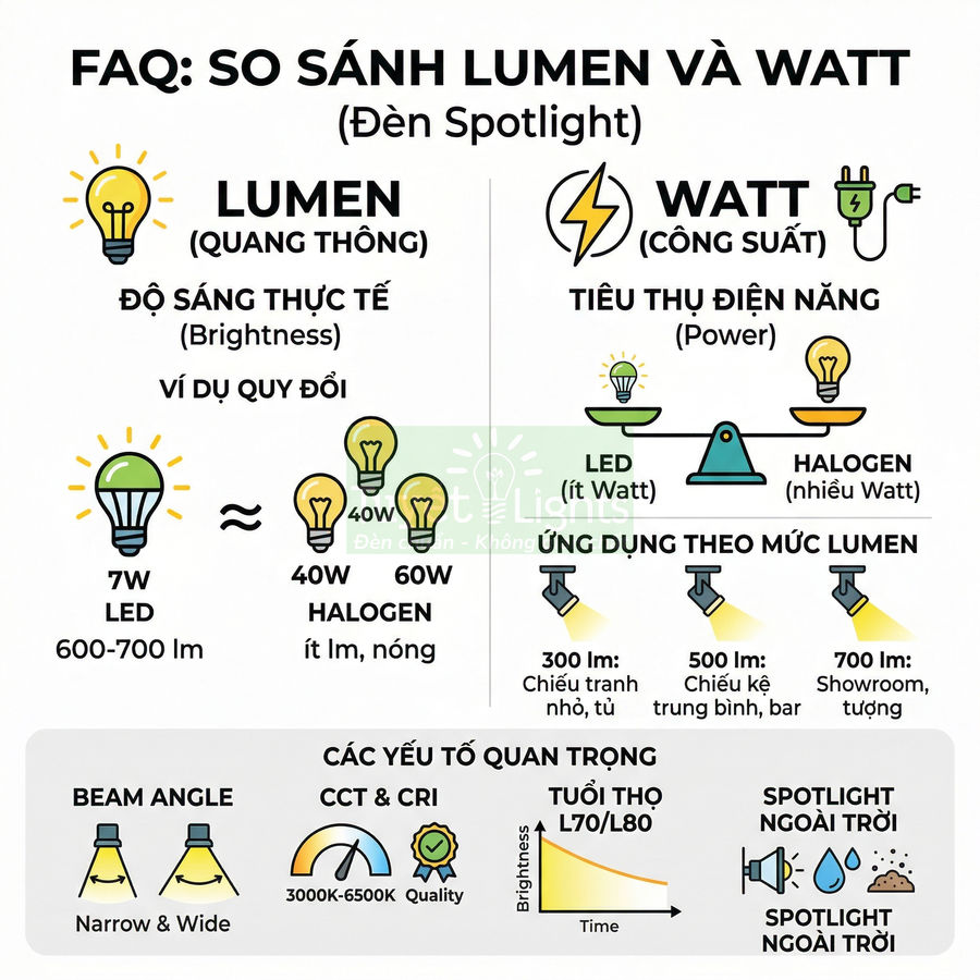 Infographic so sánh độ sáng lumen và công suất watt cho đèn LED spotlight và halogen, kèm ứng dụng chiếu sáng