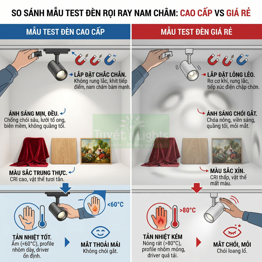So sánh đèn rọi ray nam châm cao cấp và giá rẻ về lắp đặt, ánh sáng, màu sắc và tản nhiệt