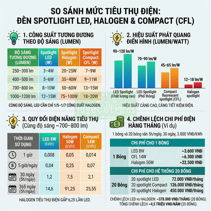 Bảng so sánh mức tiêu thụ điện và chi phí giữa đèn spotlight LED, halogen và compact CFL