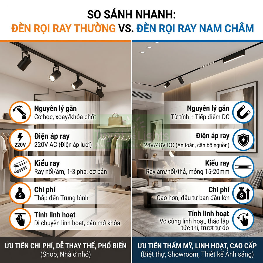 So sánh đèn rọi ray thường và đèn rọi ray nam châm trong không gian nội thất hiện đại