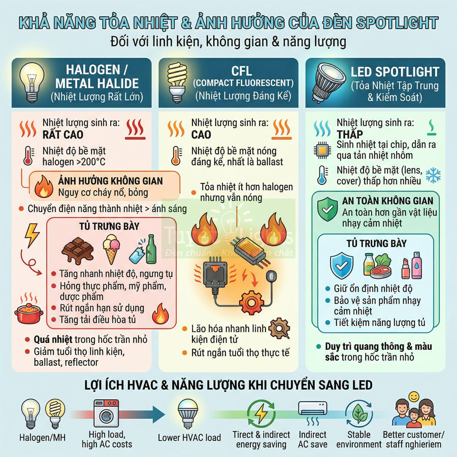 So sánh khả năng tỏa nhiệt và ảnh hưởng của đèn halogen, CFL và LED spotlight trong tủ trưng bày và không gian