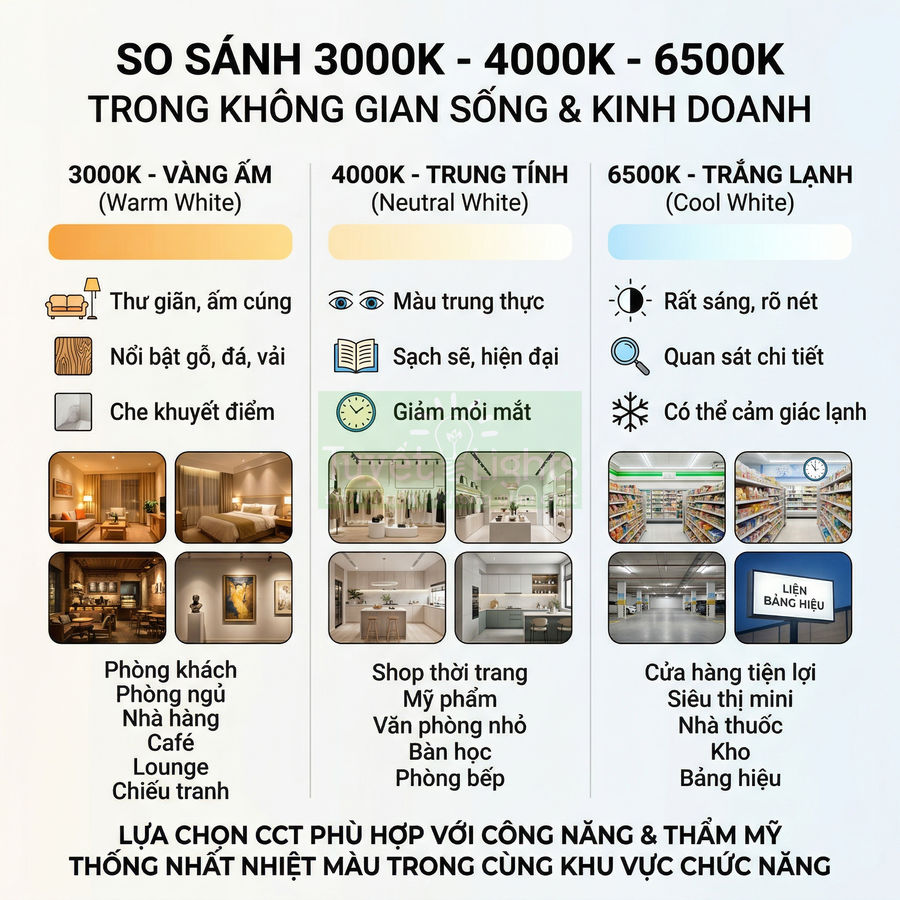 Bảng so sánh nhiệt độ màu đèn LED 3000K 4000K 6500K và gợi ý ứng dụng cho nhà ở, cửa hàng, văn phòng
