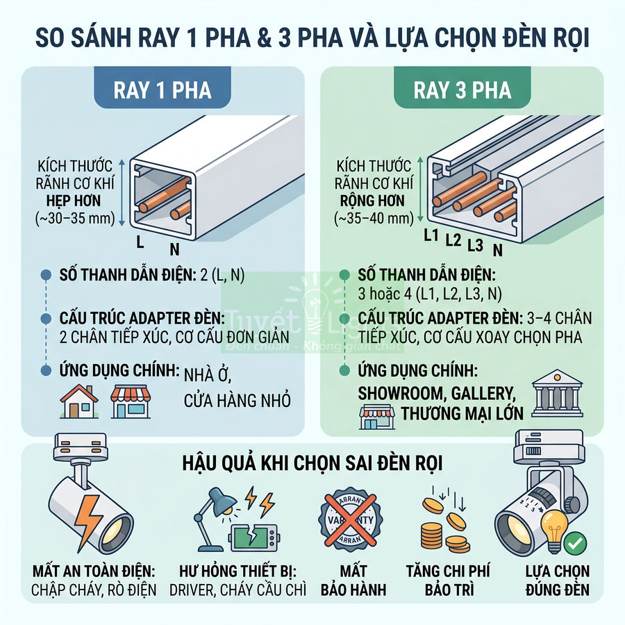 So sánh ray đèn rọi 1 pha và 3 pha, cấu tạo thanh dẫn điện, adapter và ứng dụng cho nhà ở, showroom