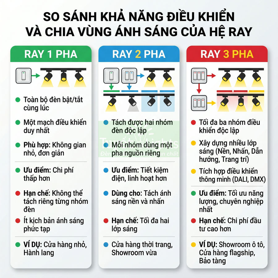 Infographic so sánh hệ ray đèn 1 pha, 2 pha, 3 pha về khả năng điều khiển và chia vùng ánh sáng
