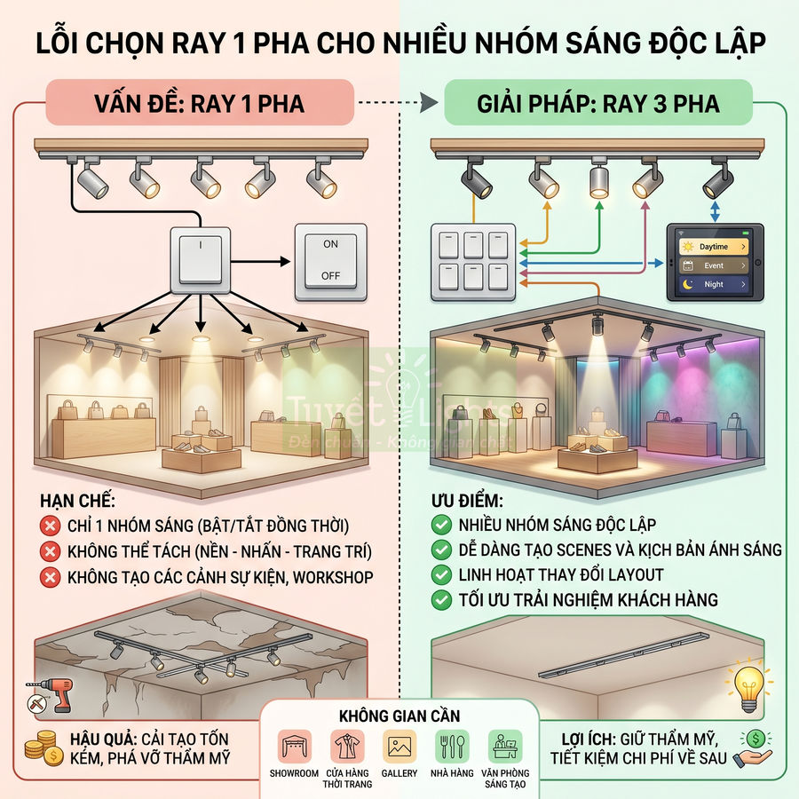 So sánh hệ thống đèn ray 1 pha và ray 3 pha cho showroom, minh họa ưu nhược điểm và cách điều khiển ánh sáng