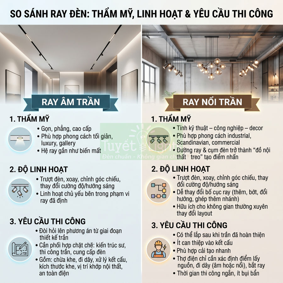 So sánh ray đèn âm trần và ray nổi trần về thẩm mỹ, độ linh hoạt và yêu cầu thi công trong thiết kế chiếu sáng