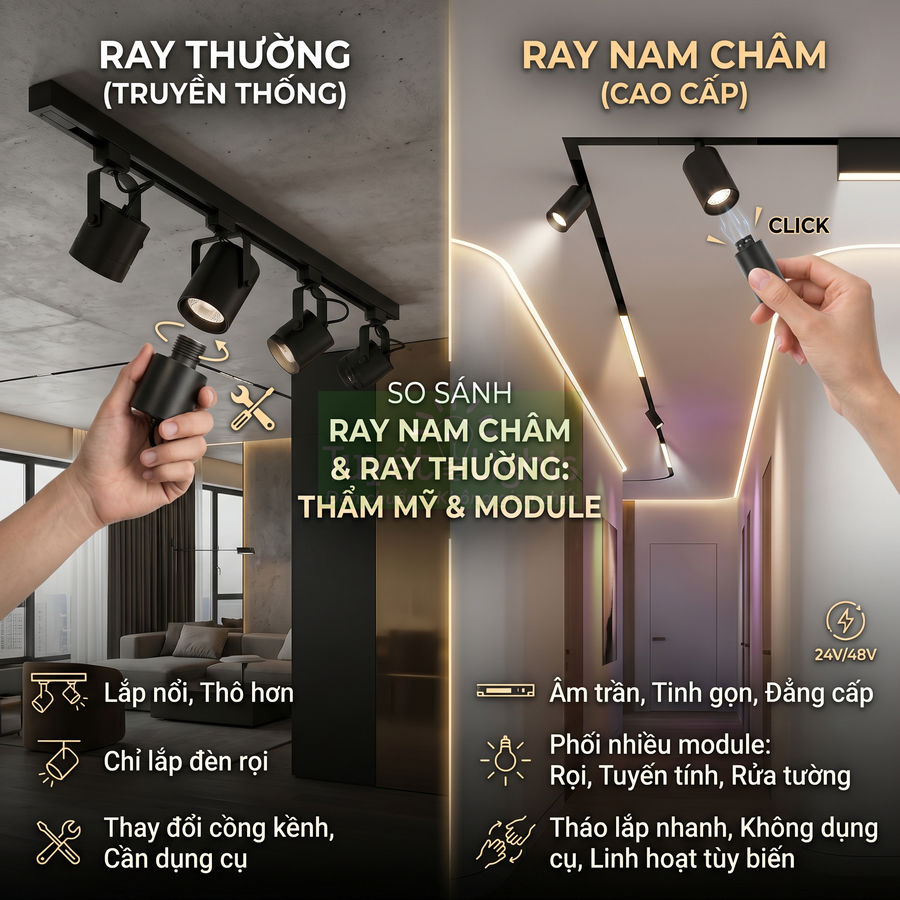 So sánh đèn ray nam châm cao cấp âm trần với đèn ray thường lắp nổi trong phòng khách và hành lang