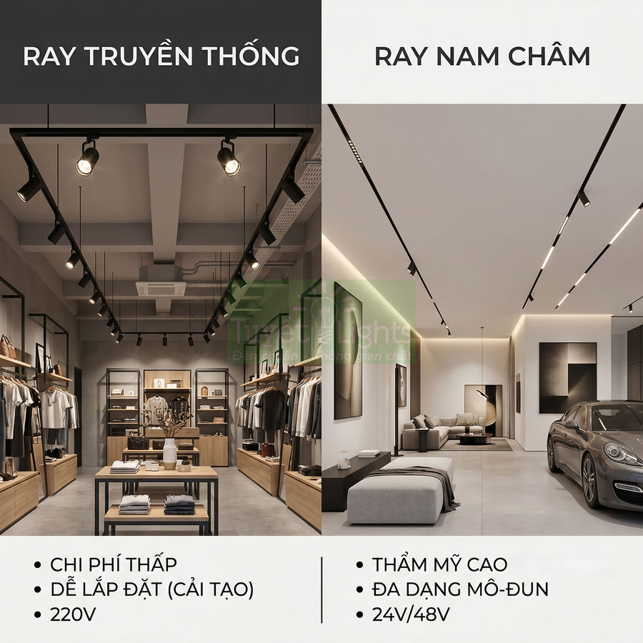 So sánh hệ thống đèn ray truyền thống và đèn ray nam châm lắp đặt trong cửa hàng và phòng khách hiện đại