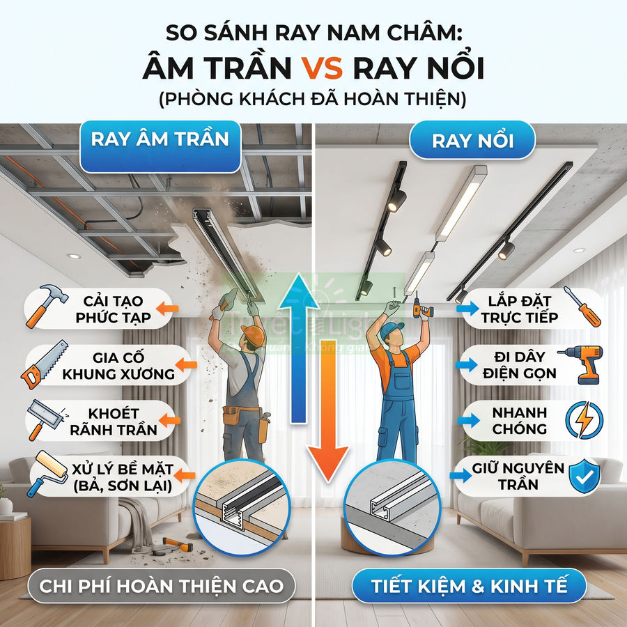 So sánh lắp đặt ray nam châm âm trần và ray nổi cho phòng khách đã hoàn thiện