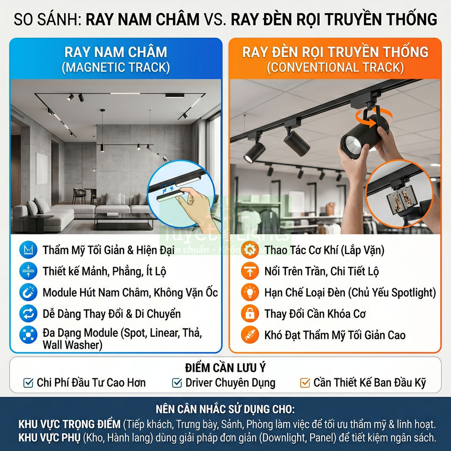 So sánh ray đèn nam châm và ray đèn rọi truyền thống cho trần nhà hiện đại trong phòng khách và văn phòng