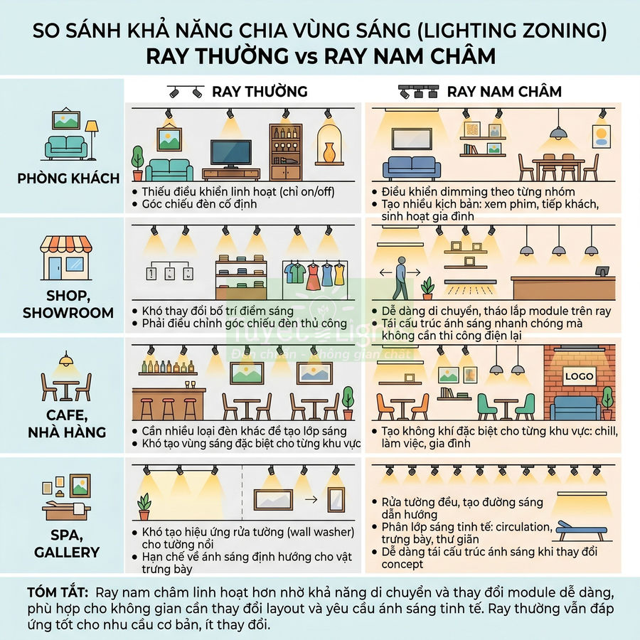 So sánh hệ thống đèn ray thường và ray nam châm cho phòng khách, shop, cafe, spa, gallery