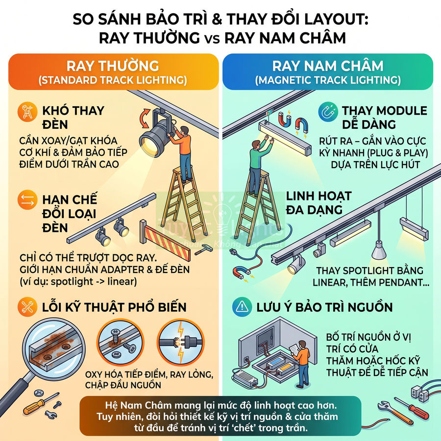 So sánh hệ ray đèn thường và ray nam châm, minh họa cách thay module, bố trí nguồn và lỗi kỹ thuật phổ biến