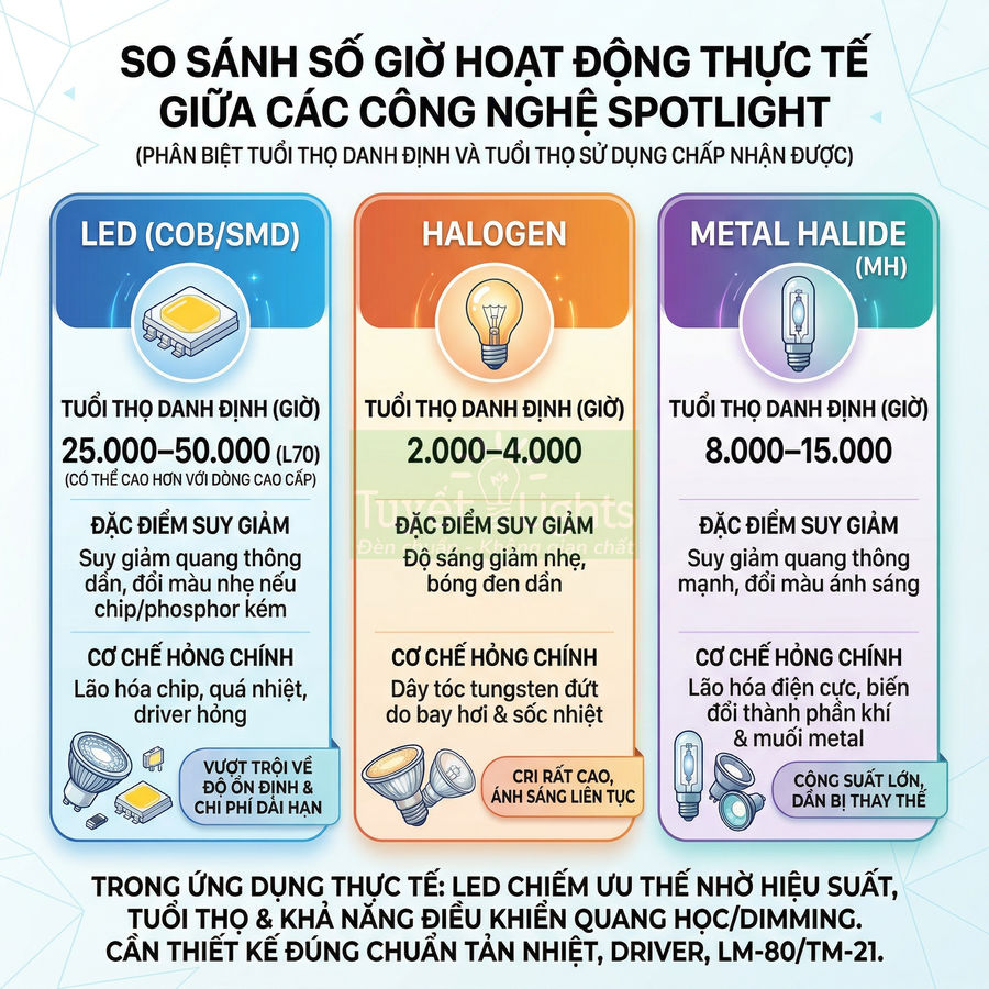 Infographic so sánh tuổi thọ và ưu nhược điểm đèn LED COB SMD, đèn halogen và đèn metal halide trong chiếu sáng spotlight
