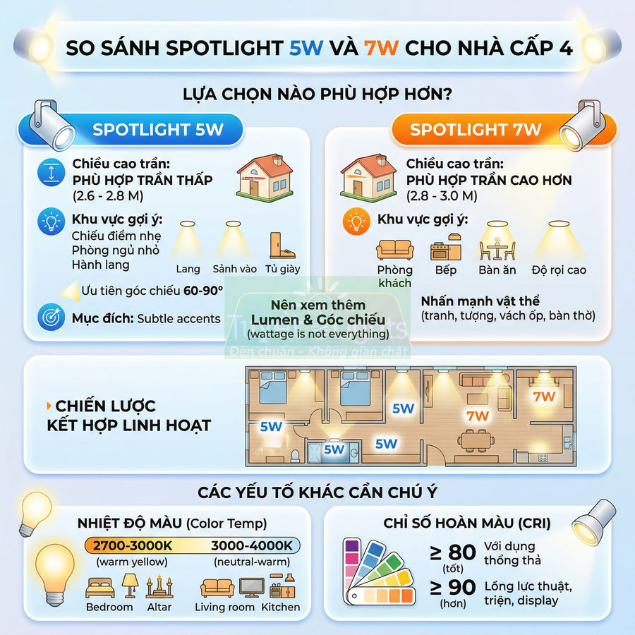 Infographic so sánh đèn spotlight 5W và 7W cho nhà cấp 4, gợi ý khu vực lắp đặt và nhiệt độ màu phù hợp